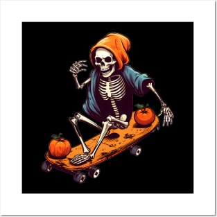 Skeleton Skater Halloween Pumpkin Posters and Art